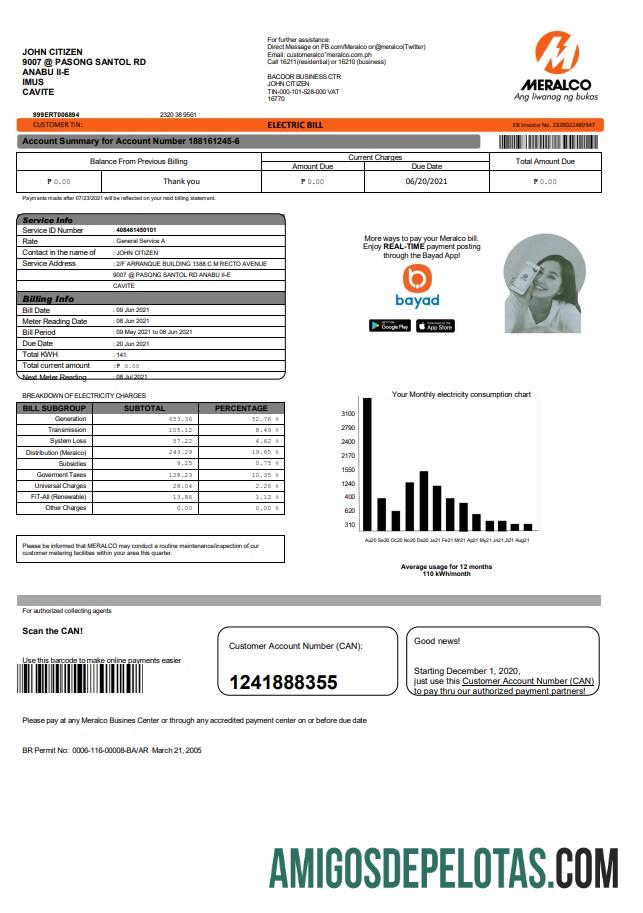 realista Modelo de conta de serviço público de eletricidade Meralco das Filipinas em formato Word e PDF, versão 2